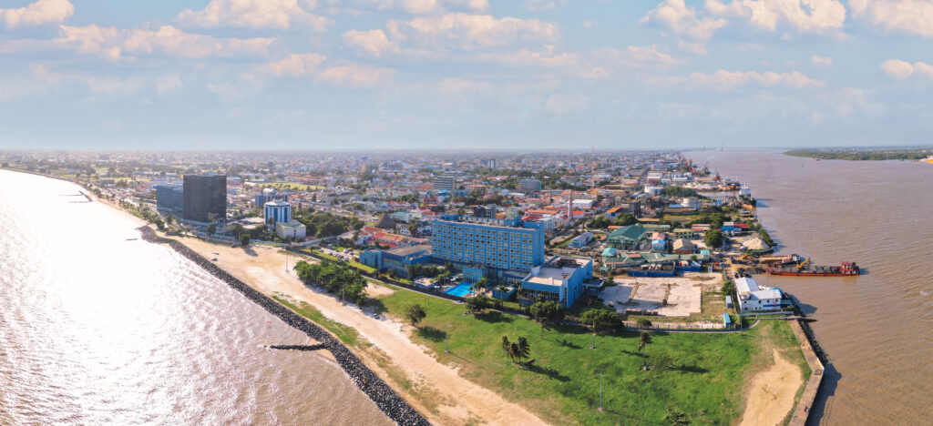 Aerial of downtown Georgetown with Demerara river in Guyana