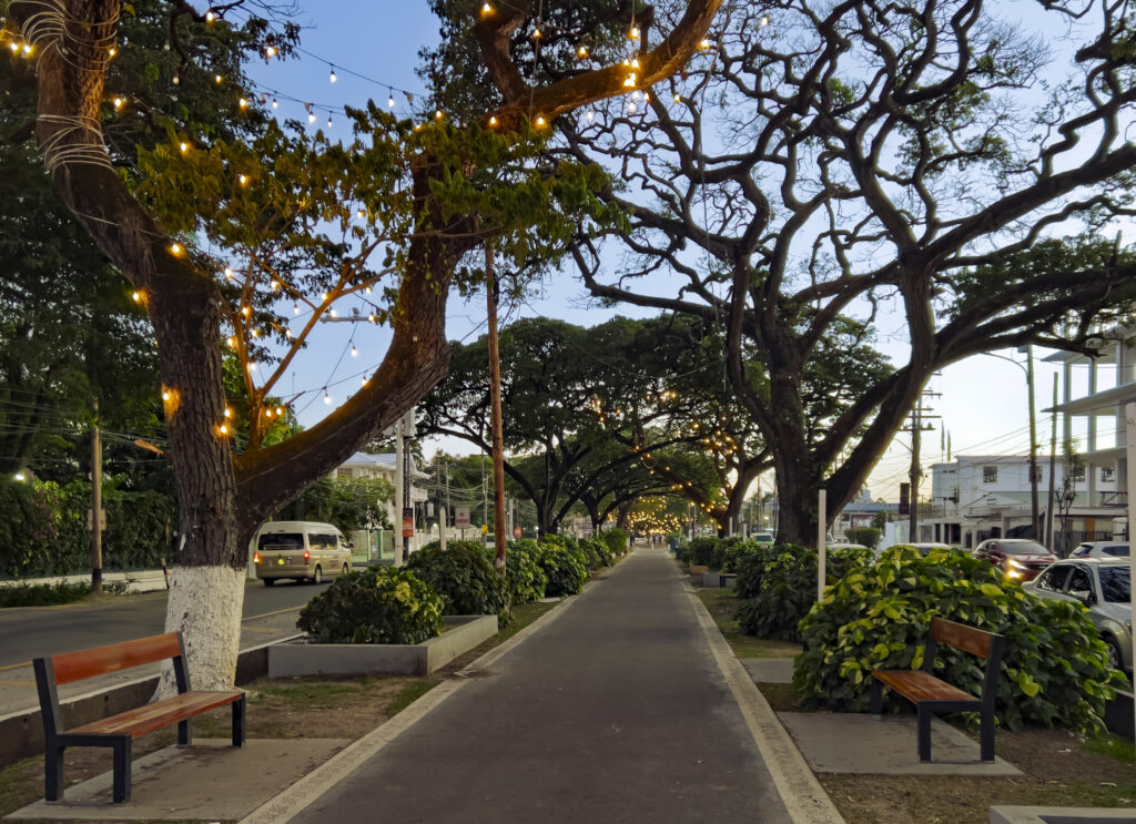 Sunset over the Main Street pedestrian walkway in Georgetown, Guyana