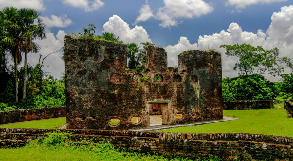 Ruins of zeeland fort on the island in Essequibo delta, Guyana