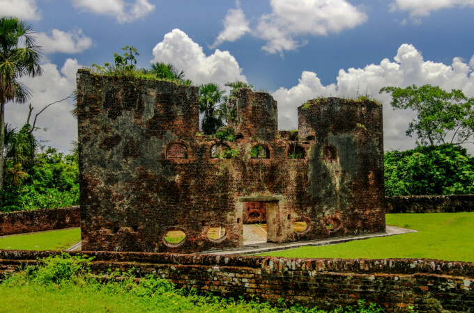 Ruins of zeeland fort on the island in Essequibo delta, Guyana